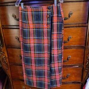 Vtg 80s Why Not Women's Red & Blue Plaid Midi Wrap Skirt Sz 11/12